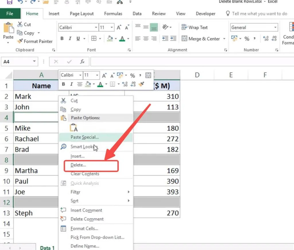 delete after select go to special in excel