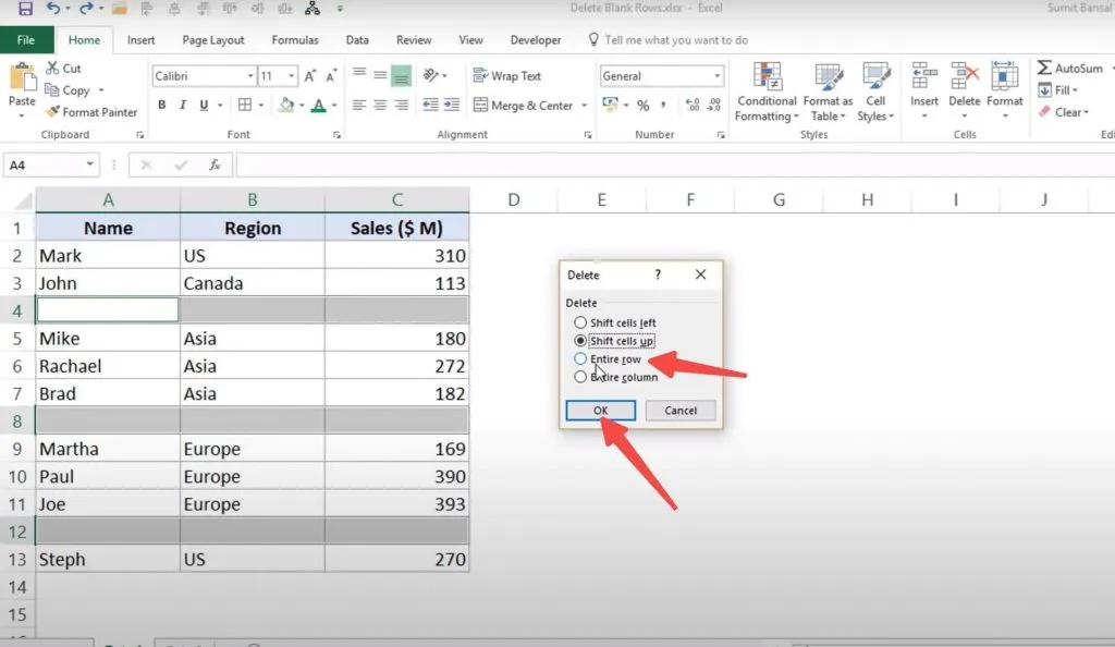 delete entire rows after select go to special in excel