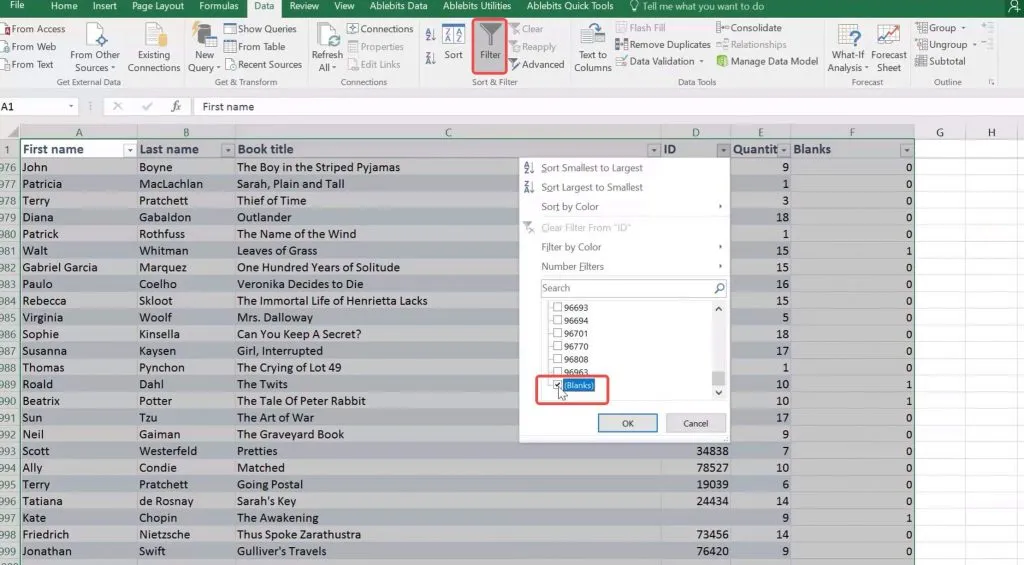 filter blank in excel