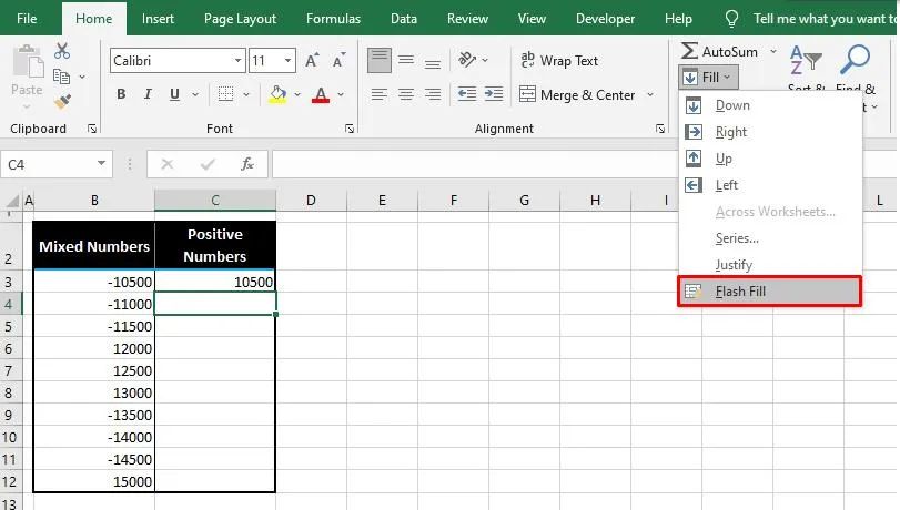 flash fill option excel