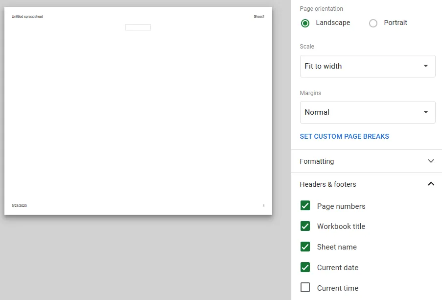 header footer option google sheets