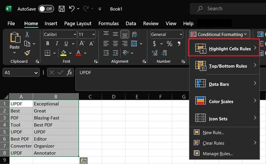 highlight cells rules option