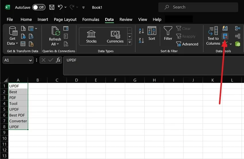 locate the data tools group in excel