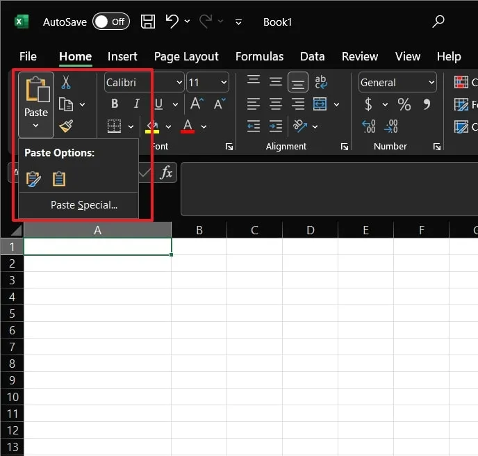 locate the paste options