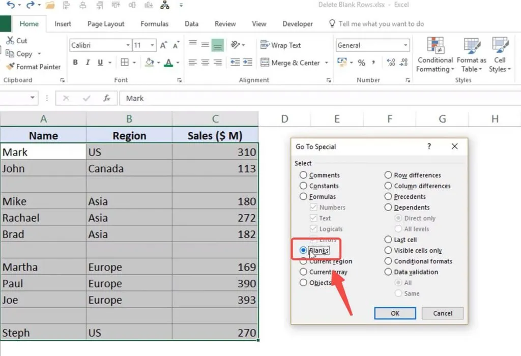 select blanks option in go to special in excel