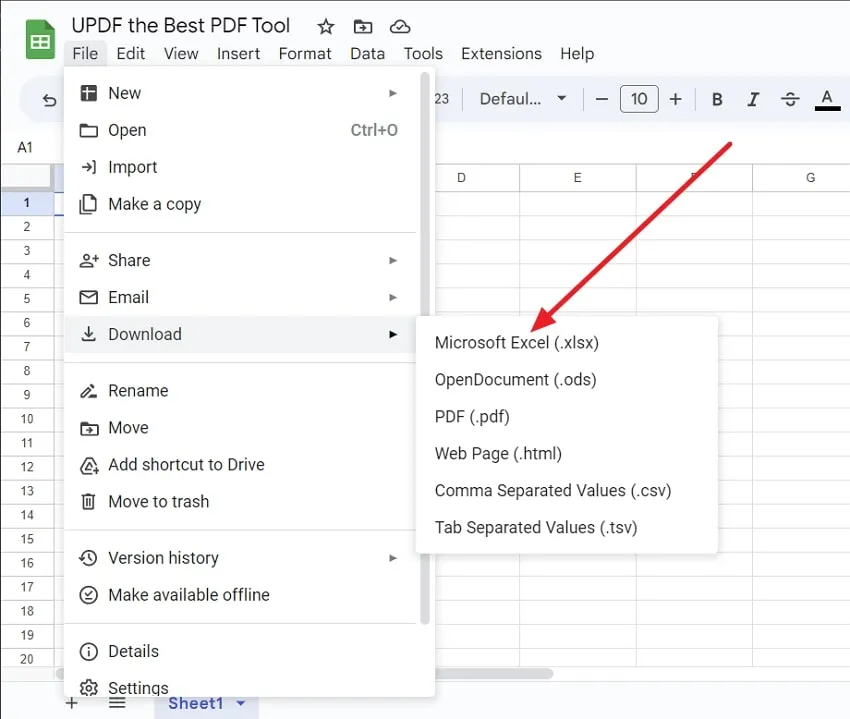 select the excel format