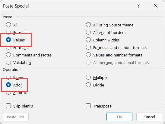 select the values option in the paste category