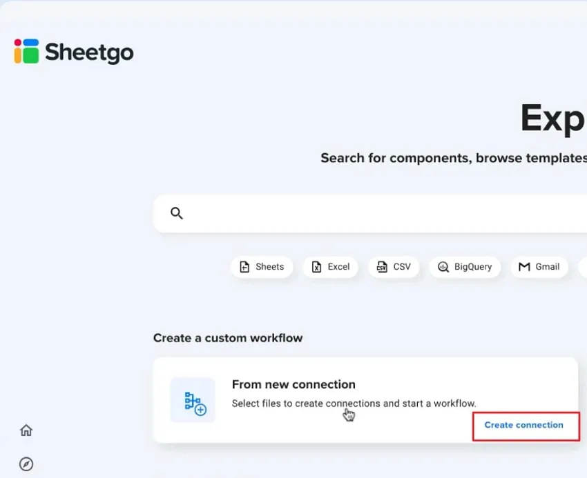 tap on create connection on sheetgo