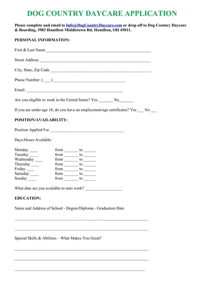 Daycare Job Application Template