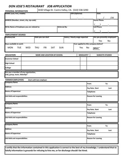 Restaurant Job Application Template