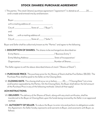 Stock Shares Purchase Agreement