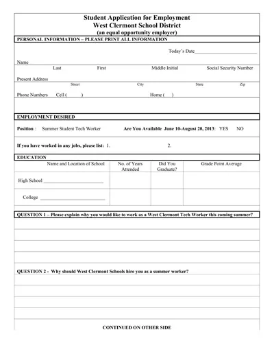 Student Job Application Template