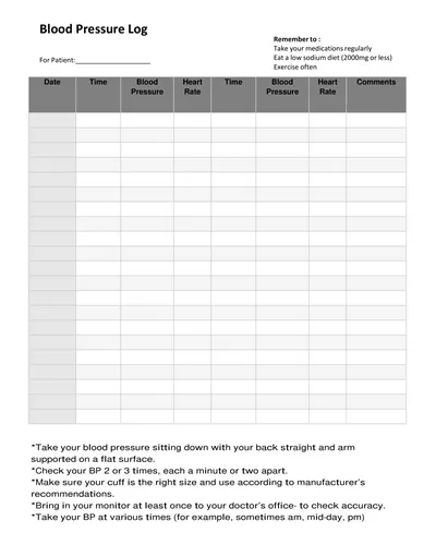 30 Day Blood Pressure Log Template