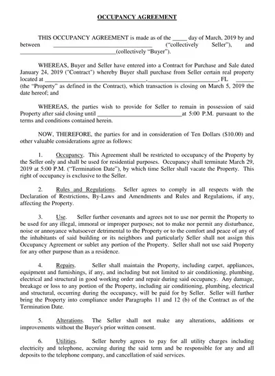 Basic Occupancy Agreement Template