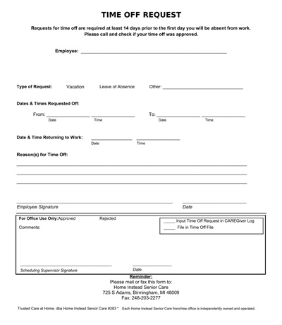 Blank Time Off Request Form Word Template