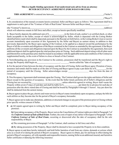 Buyer Occupancy Agreement Template