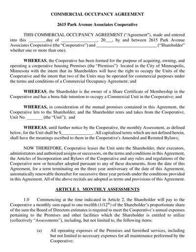 Commercial Occupancy Agreement Template