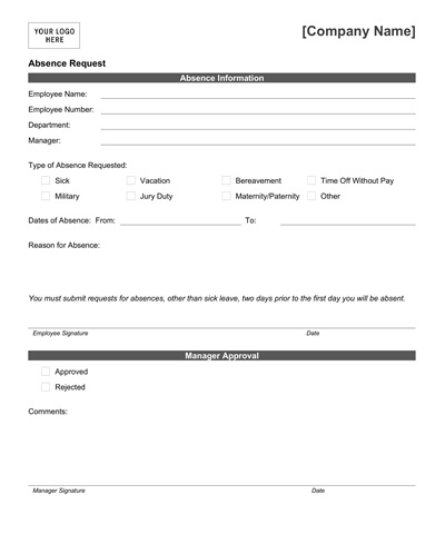 Company Employee Time Off Request Form Template