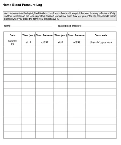 Daily Blood Pressure Log Template