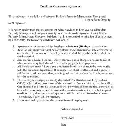 Employee Occupancy Agreement Template