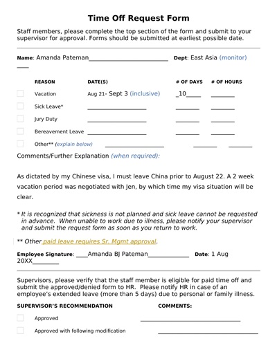 General Time Off Request Form Template