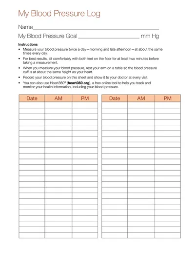 Heart Association Blood Pressure Log Template