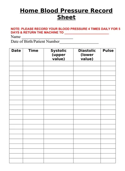 Home Blood Pressure Record Sheet Word