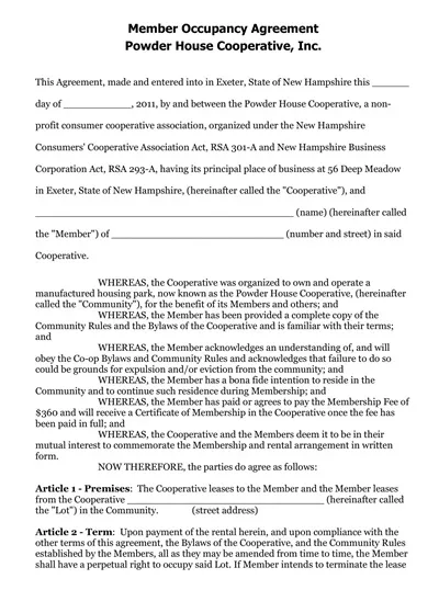 Member Occupancy Agreement Template