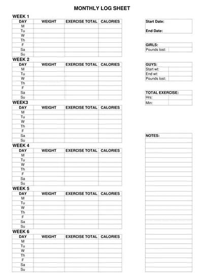 Monthly Workout Log Template