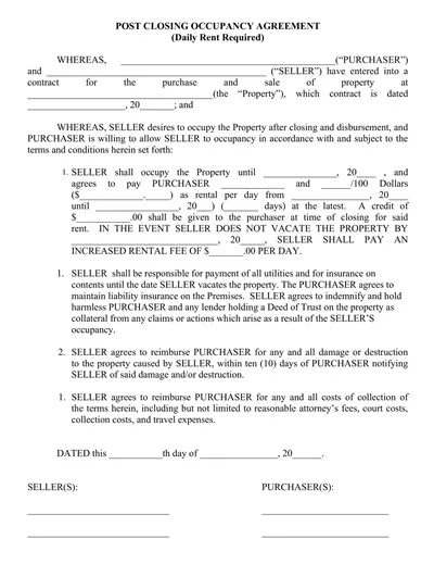 Post Closing Occupancy Agreement Template