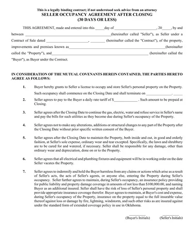 Seller Occupancy Agreement Template