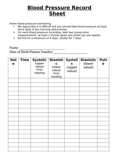 Simple Blood Pressure Log Chart Template