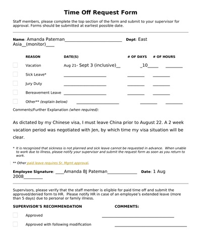 Staff Time Off Request Form Template