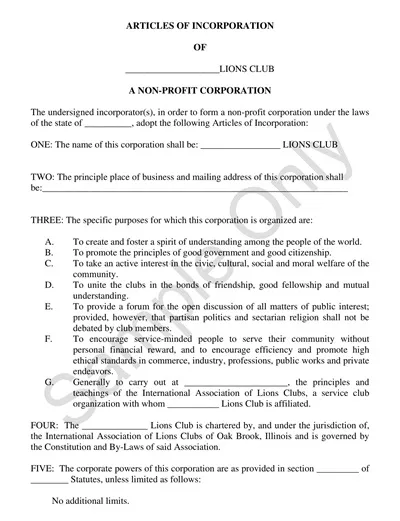 Structured Articles of Incorporation Template