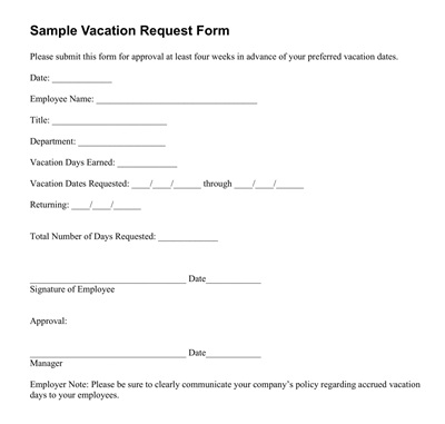 Vacation Request Form Sample