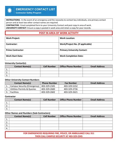 Contractor Safety Emergency Contact List Template
