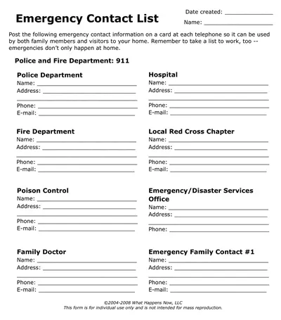 Department Emergency Contact List Template