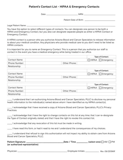 Patient Emergency Contact List Template