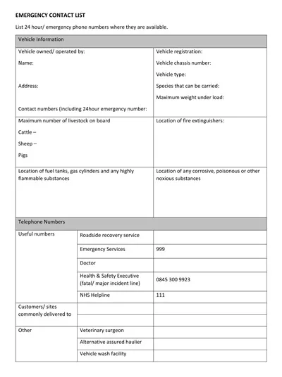 Vehicle Emergency Contact List Template